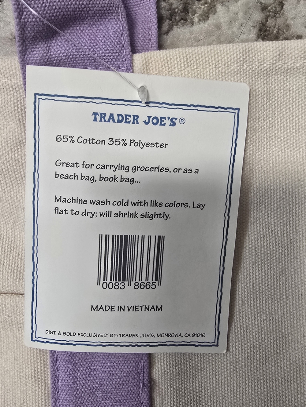 Canvas Tote Bag with Lavender Trim - Trader Joe's - Picture 4 of 10